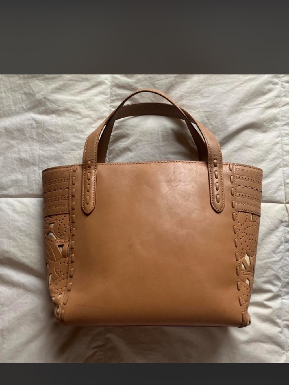 Fossil Caramel Leather Tote with Cutout Side Detail